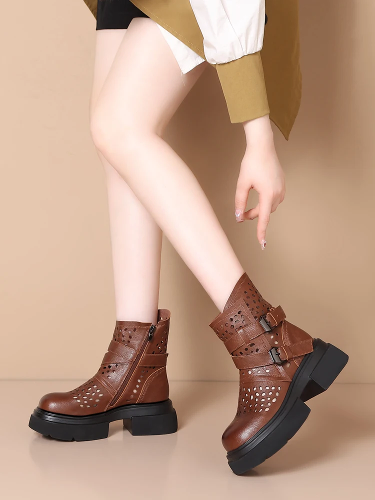 

Женские ботинки до середины икры, ботинки с круглым носком, сандалии из натуральной кожи на резиновой подошве, Лолита, рок, для лета, 2024