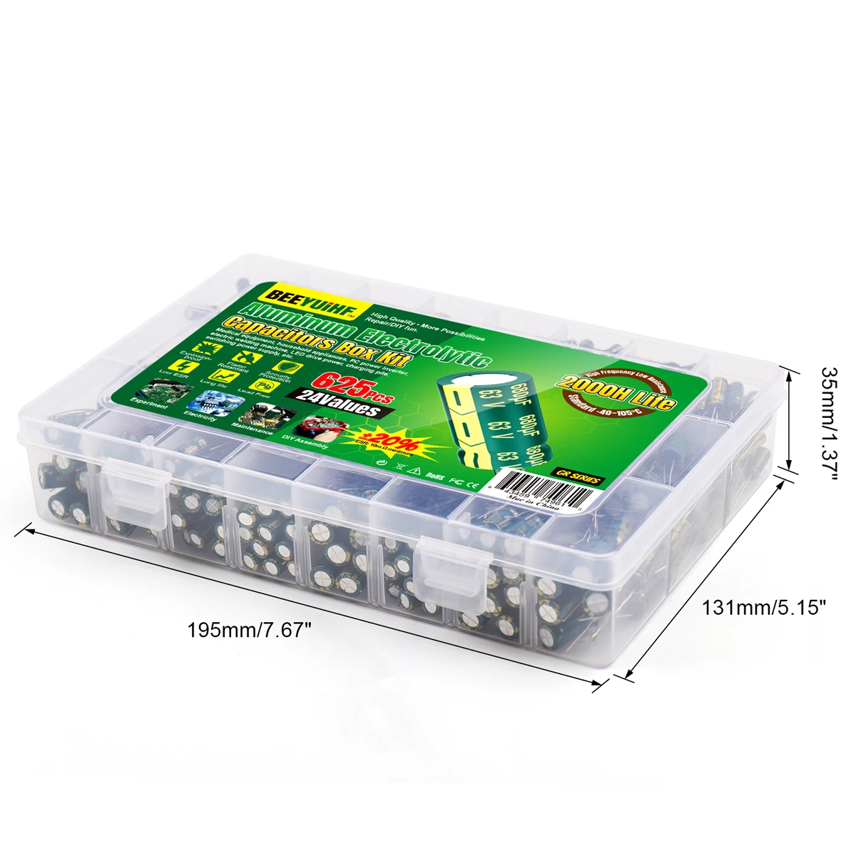 625Pcs 24Values Aluminum Electrolytic Capacitor Kit 10V-100V 1F-1000uF Capacitors Box Assortment Kit Aluminum Electrolytic Capacitor