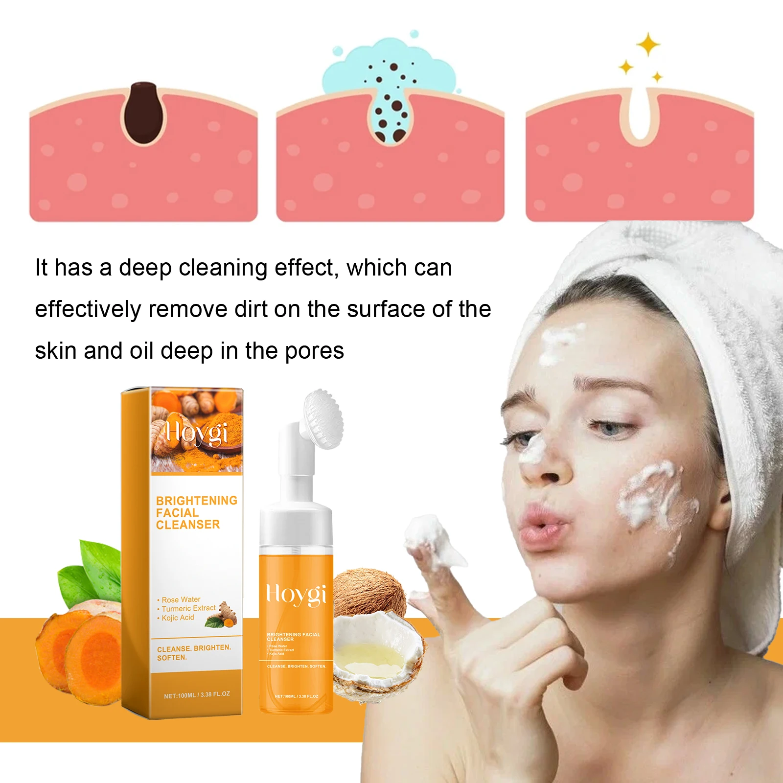 Turmeric Cleanser Deeply Cleansing Kojic Acid Blackhead Remover Skin Cleansing Oil Control Fade Acne Marks Brighten Foam Cleanse 4