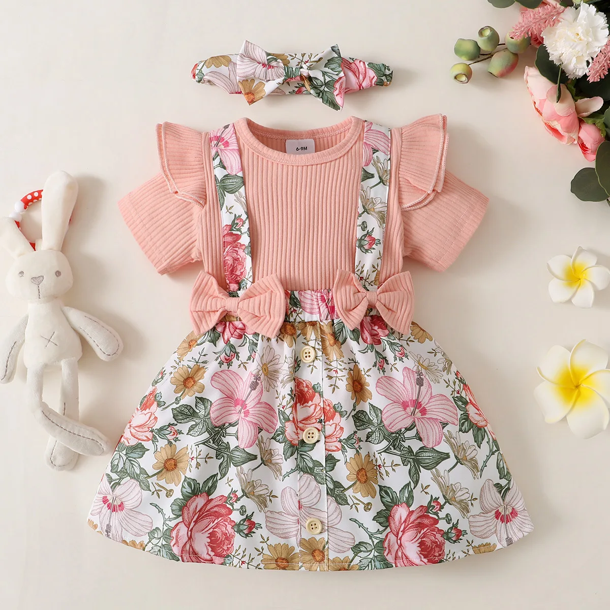 Toddler Baby Girls Clothes Set Summer Cartoon Print Short Sleeve Romper Cute Strap Dress Infant Fashion Clothes Suit Baby Clothing Set medium