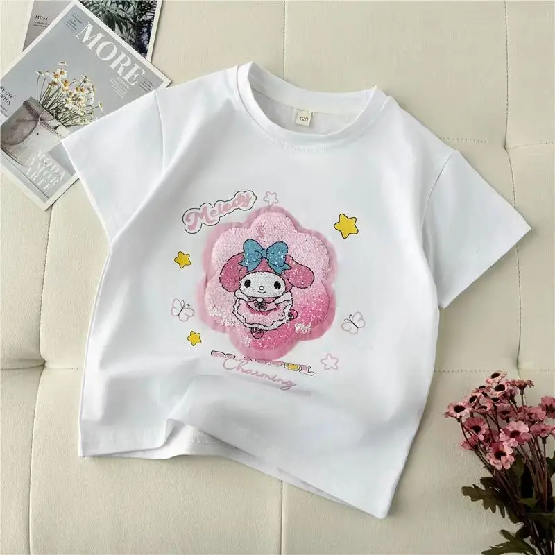 

Детская футболка с коротким рукавом My Melody Kuromi для девочек, милые топы с аниме принтом Sanrio, летняя Милая мультяшная футболка, подарок для детей