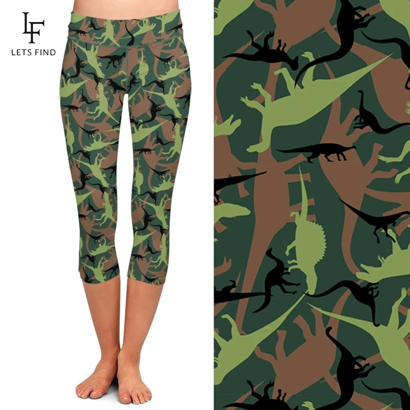 LETSFIND Summer New Arrival 3D Cartoon Dinosaur Design Print Leggings Women High Waist Fitness  Mid-Calf Capri Leggings