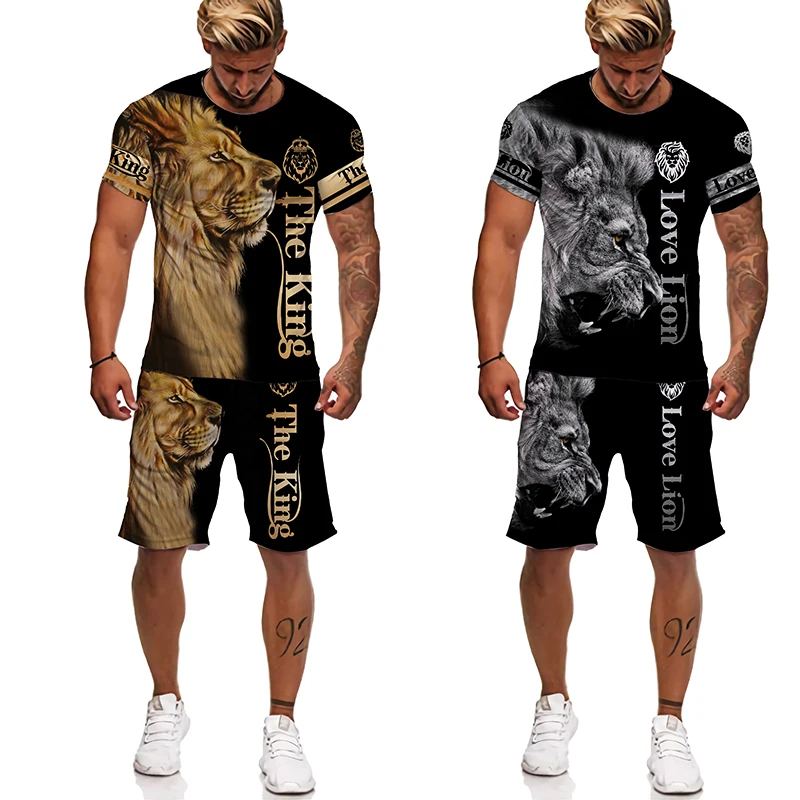 Animal Print T-shirts Sets Men's Clothing Oversize T Shirt Short Sleeve Lion Tracksuit Streetwear Casual Tops Summer Male Suit summer oversize men s sets short sleeve chest pockets lapel shirt shorts 2piece tracksuit men clothing loose casual cotton sweat