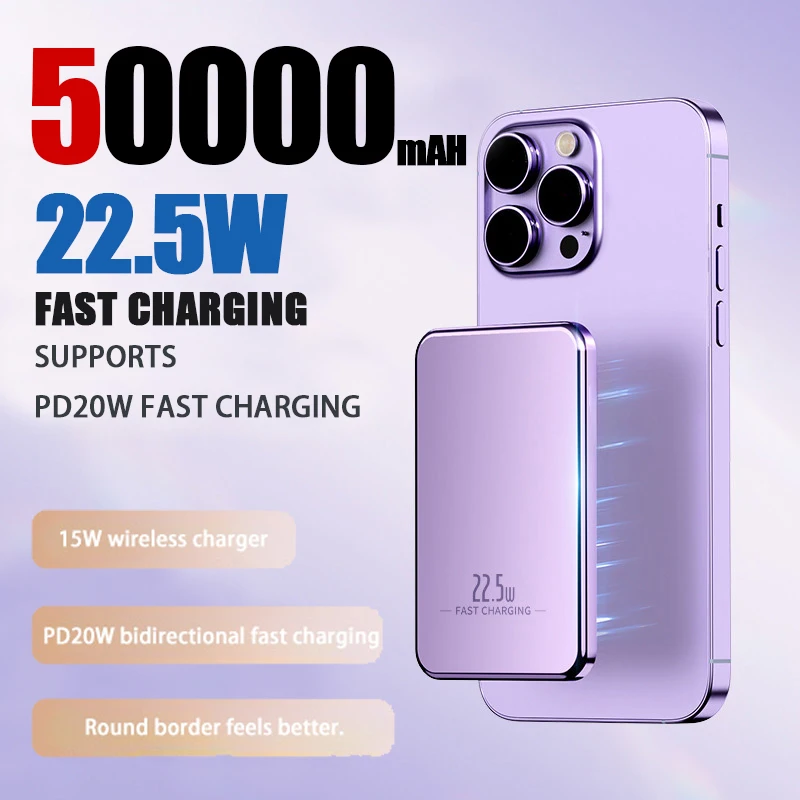 50000Mah Metal Macsafe Power Bank Magnetic Wireless Power Bank Batteria Ausiliaria Esterna Per Iphone 15 14 Huawei Xiaomi