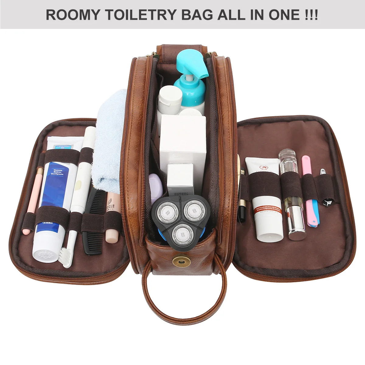 

New Men Travel Toiletry Bag Shaving Dopp Kit Outdoor Storage Bag Waterproof Bathroom Toiletrie Organizer PU Leather Cosmetic Bag