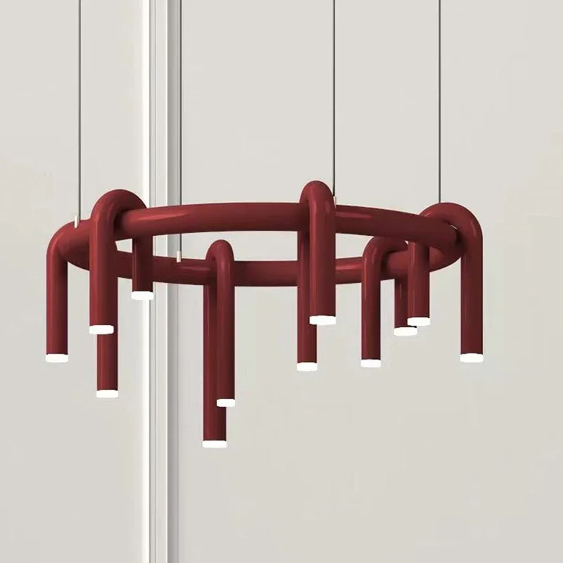 Designer's U-shaped Chandelier Red Black Metal Cord Height Adjustable for Dining Room Kitchen Bar Restaurant