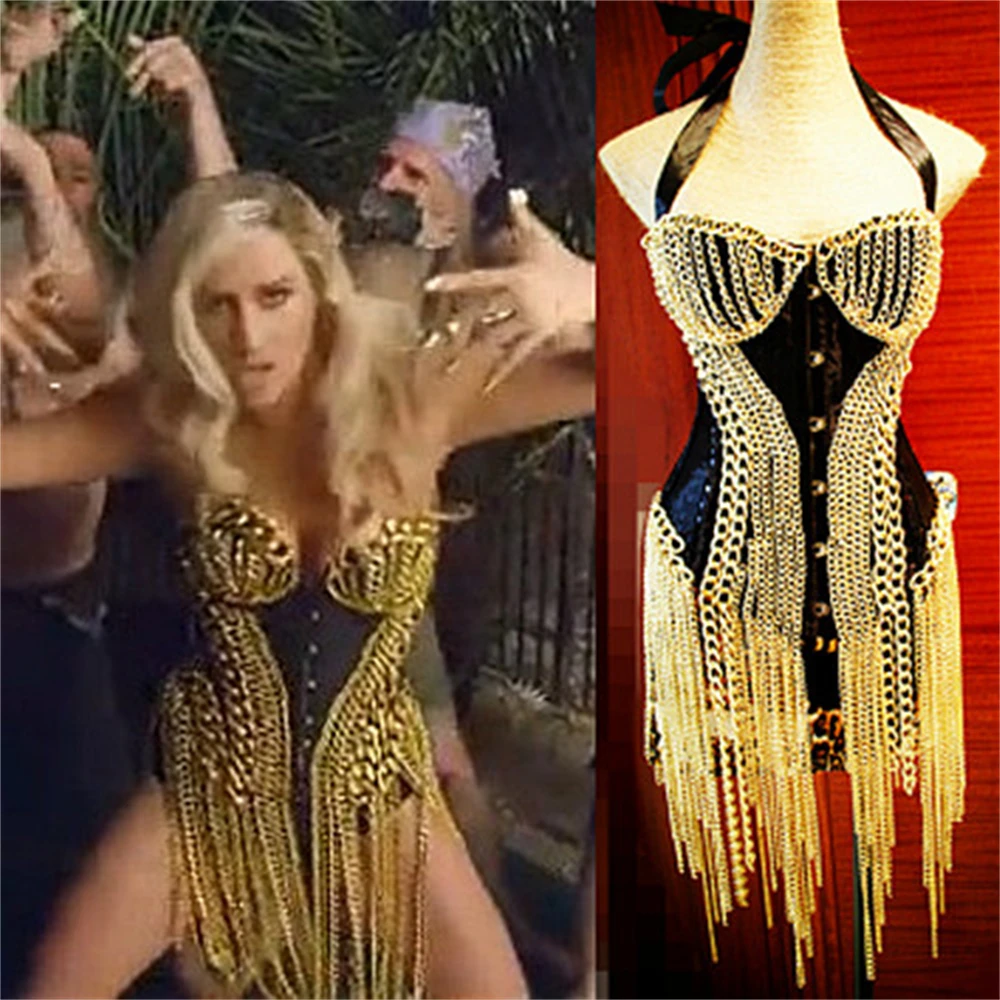 

Star MV with the same golden sexy chain tassel corset, nightclub female singer costume customization Set