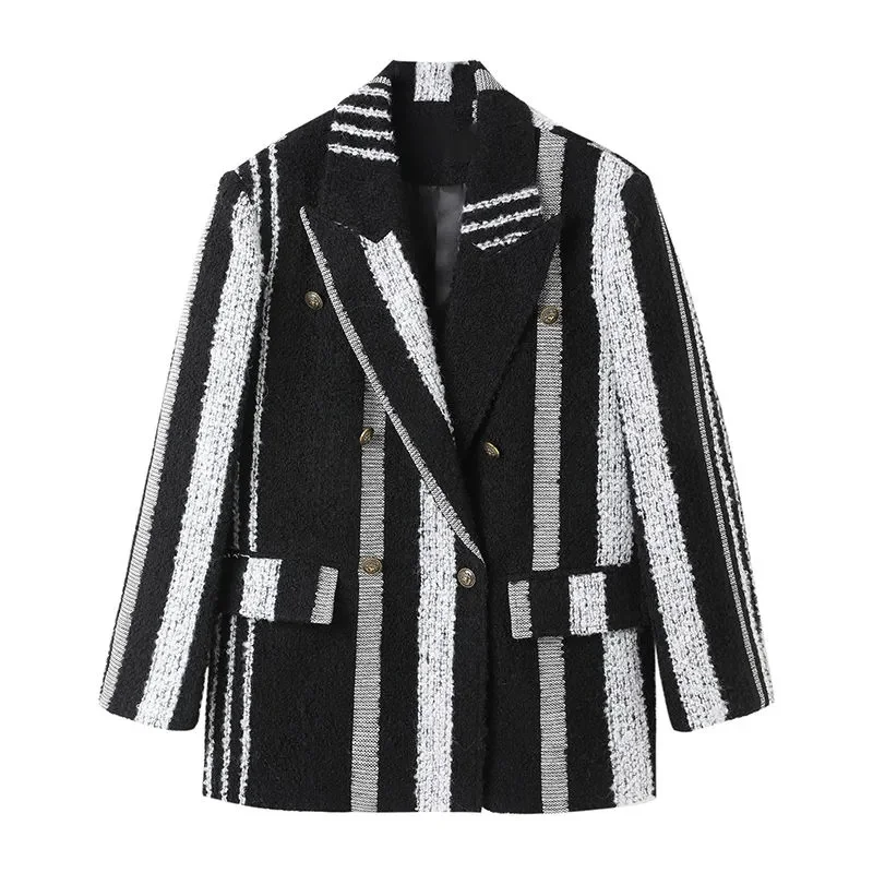 2023 Autumn/Winter New Mixed Color Stripes Personalized Jacquard Stripes Temperament Woolen Coat Network Red Trend Women's Coat