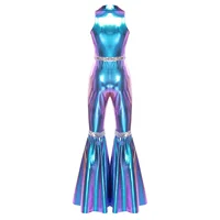 Adult Womens 70s Disco Rompers Lapel V Neck Sleeveless Front Zipper Sequins Bell Bottom Long Pants Jumpsuit Retro Jazz Dancewear - Image 2