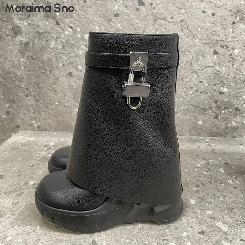 Metal Lock Shark Boots Round Toe Platform Pink Trouser Boots New Wedge Heel Personalized Short Boots Fashionable Women's Boots