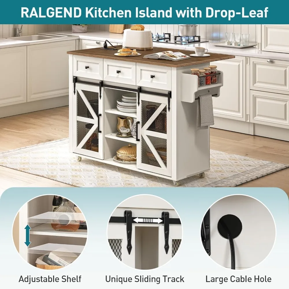 Kitchen Island with Storage, Kitchen Cart with Charging Station, Rolling Kitchen Island Table with Drop-Leaf, 3 Drawers 3