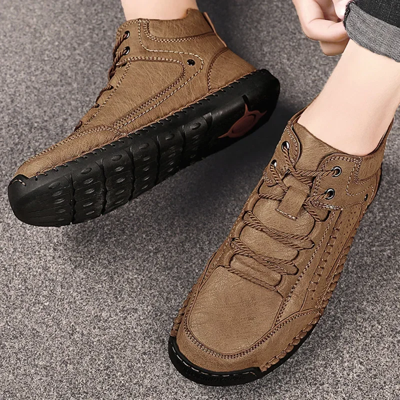 Men's Leather Boots Casual Outdoor Street High-top Male Shoes Vintage Winter Warm Footwear Large Size 38-48