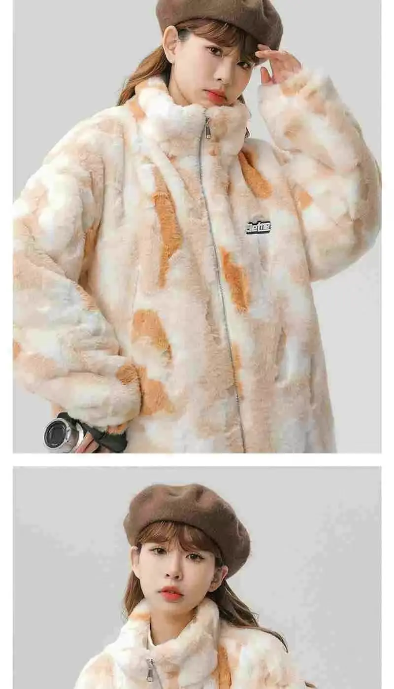 Tie dye Lamb wool Coat 2025 New Winter Trendy Student Cotton Jacket Thicken Loose Stand collar Coats Female Warm Parka Overcoat