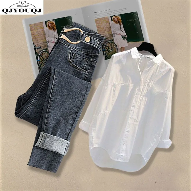Large Women's Set Spring/Summer Set 2024 New Striped Shirt Top+Versatile Slim Fit Jeans Two Piece Set