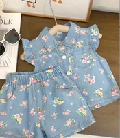 Ensemble deux pièces pour bébé fille, nouveau style étranger, Section fine, manches volantes, imprimé Floral, Short à manches courtes, été 2025 1