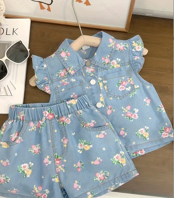 Ensemble deux pièces pour bébé fille, nouveau style étranger, Section fine, manches volantes, imprimé Floral, Short à manches courtes, été 2025 1