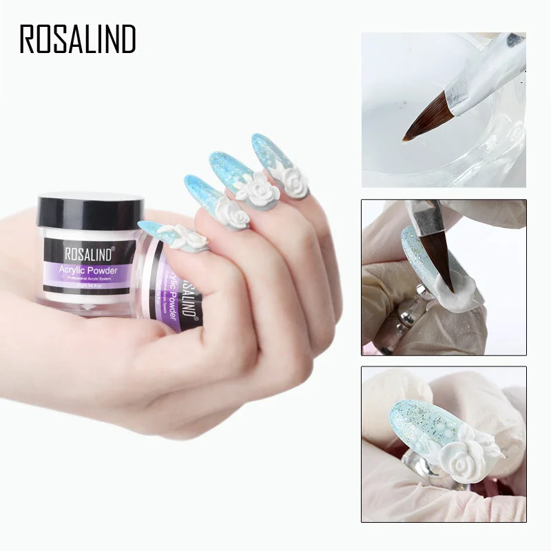 Nail Acrylic Liquid Nail Powder Acrylic Nail Powder Nail Kit Manicure Tools Nail Tools ROSALIND Pure Color Acrylic Powder Liquid Set Crystal Clear Nail Powder With Carve Flower Professional Brush Manicure Tool Kit