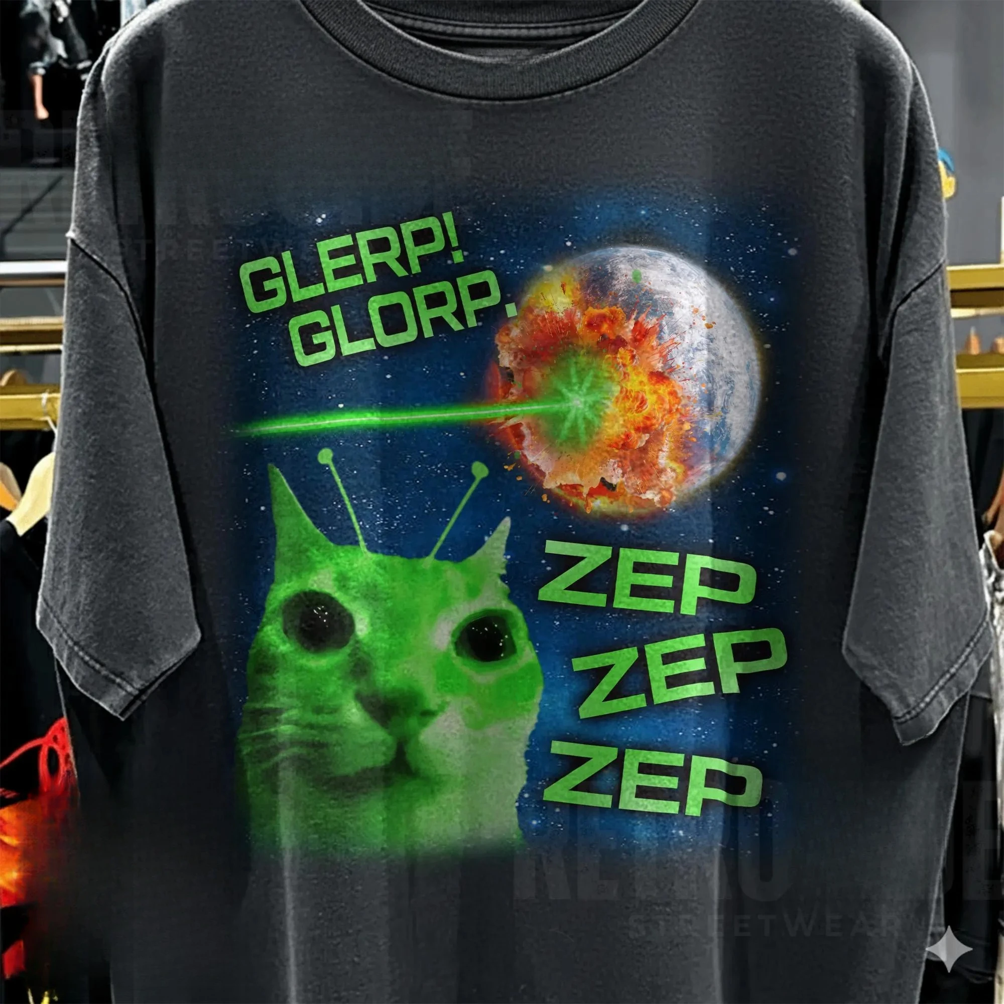 Glerp Glorp Lustiges Alien-Katze-Meme-T-Shirt, Geschenk für Frau und Mann, Brainrot-T-Shirt, Weird-Shirts, Memes-T-Shirt, Silly Cats Tee