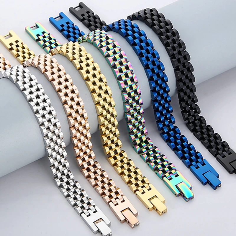 Stainless Steel Bracelets 10/15MM Watchband Style Men's Man Bracelet For Men Women Luxury Gold Color
