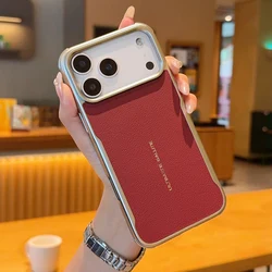 Magnetic Blade Plain PU Leather Case with Silver Bezel Lens Bumper Cover for iPhone 17 (Red)