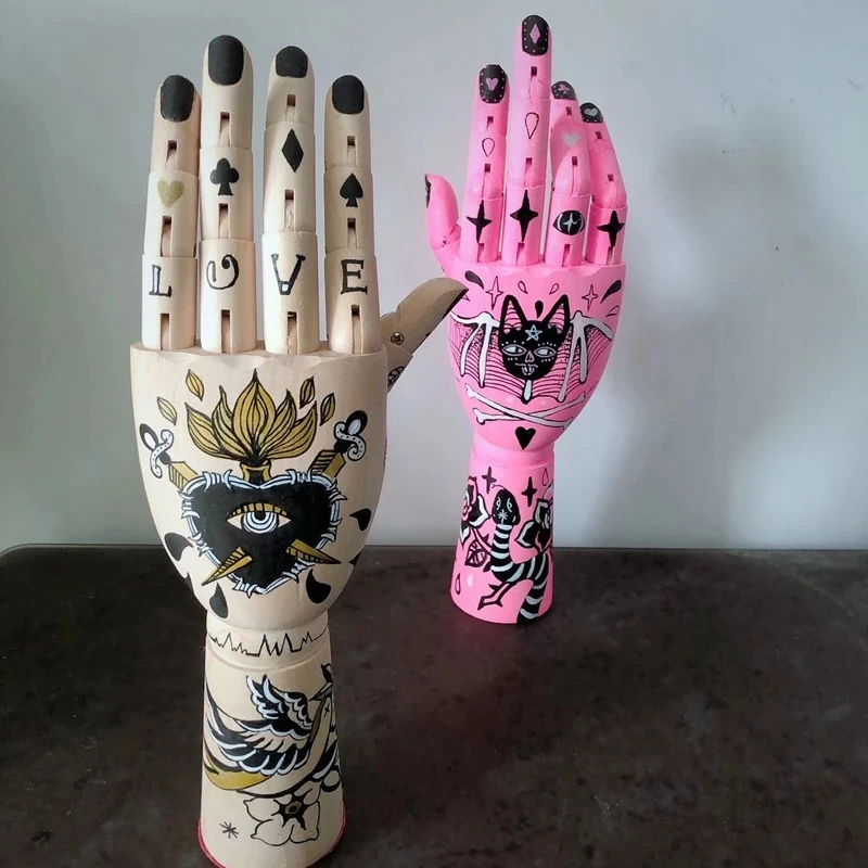 

2023# Tattoo Wooden Hand Ornament Hand Joint Finger Figurine Kanagawa Surf Painting Hand Movable Art Wooden Hand Joint Doll