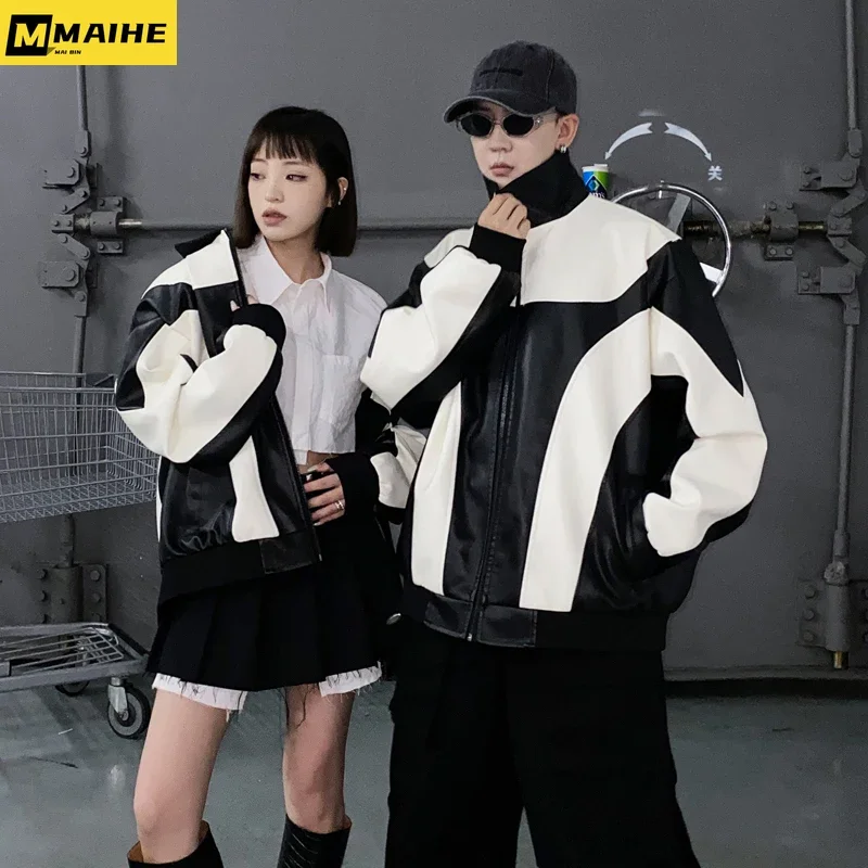 

Hip hop leather jacket men winter K-pop vintage splicing color motorcycle PU coat streetwear Harajuku neutral cycling jacket new