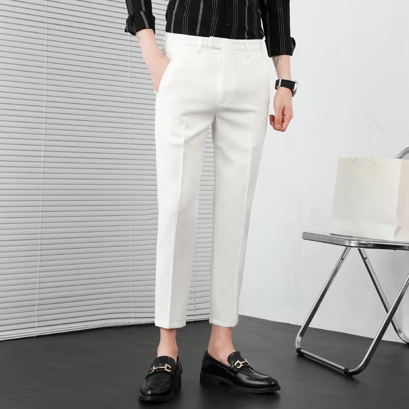 Summer Solid Color Business Casual Pants Men Slim Fit Social Suit Pant Formal Office Ankle Length Trousers Streetwears 36-29 stretch pants business pants suit pants men pants
