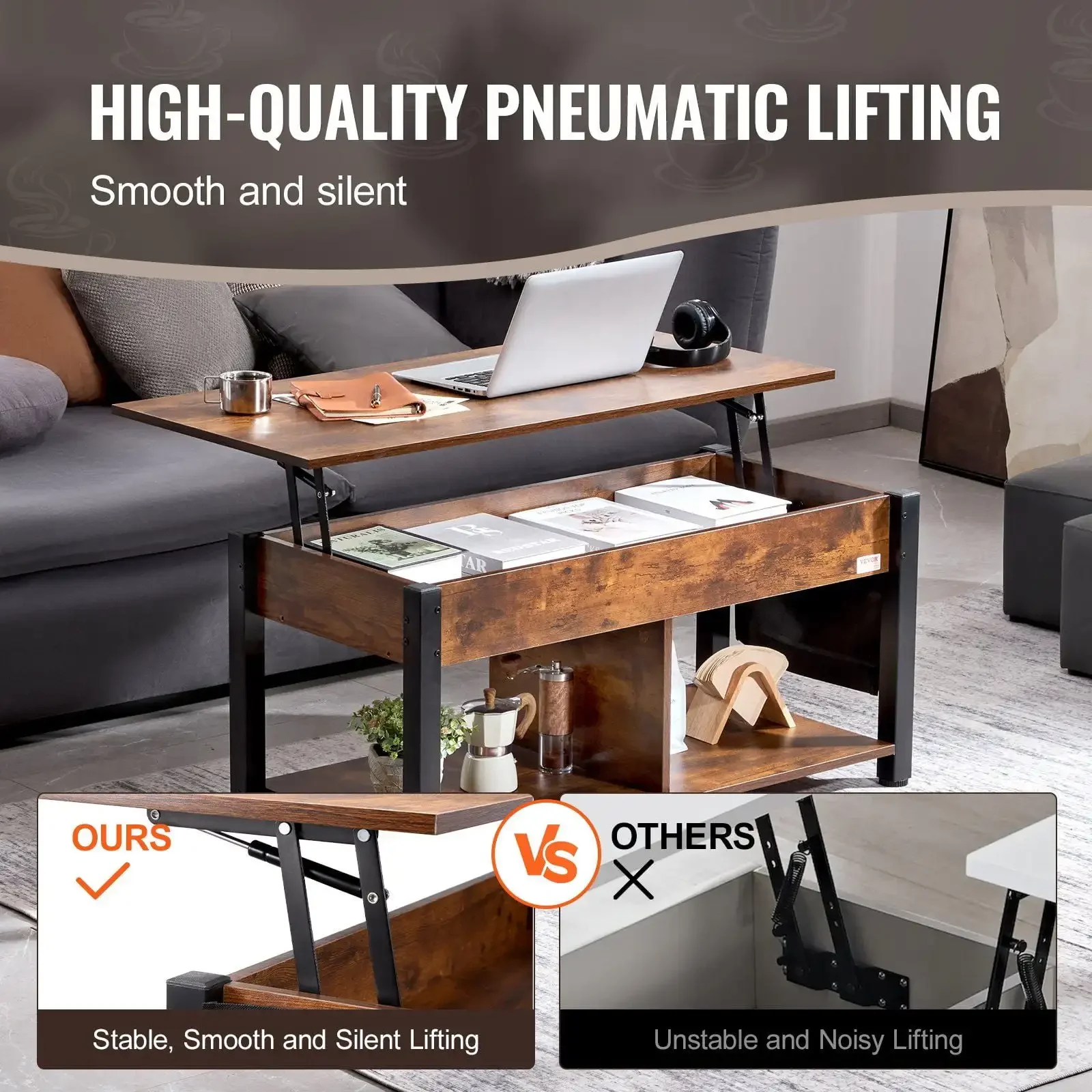 Lift Top Coffee Table 41.7" Rectangle Coffee Table for Living Room Brown 3