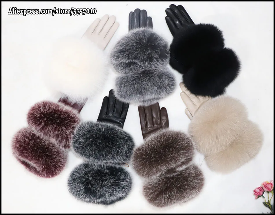 High-end Women's Colored Fox Fur Gloves Touch Screen Natural Leather Sheepskin Cycling Driving Winter Warm Plush Thick Mink Fur