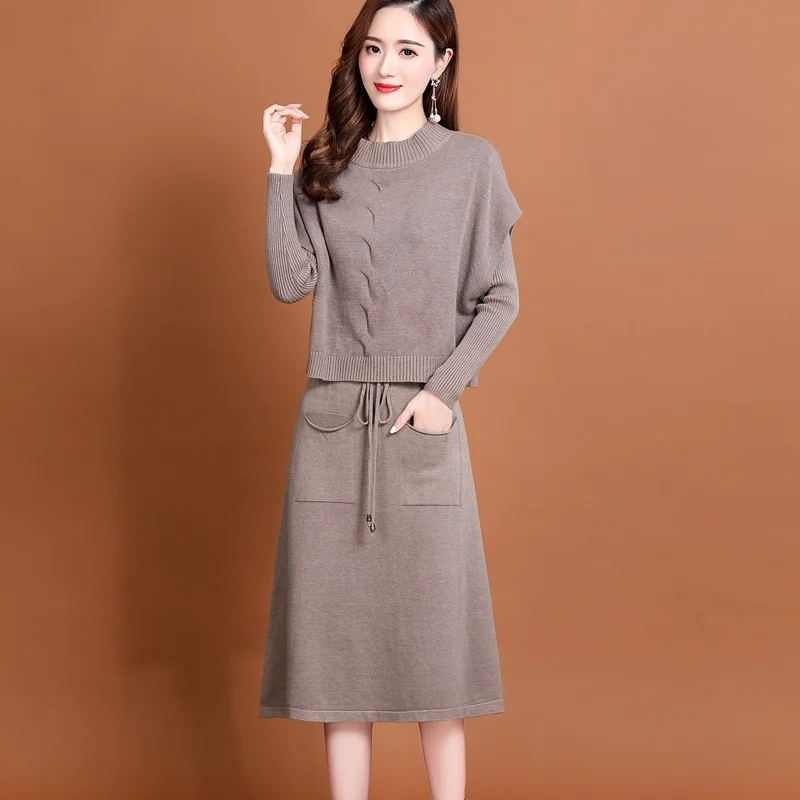 Office Lady Elegant Knitted Two Peice Suit 2023 Korean Fashion Women Short Sleeve Pullover Vest +Lace Up Waist Sweater Dress Set