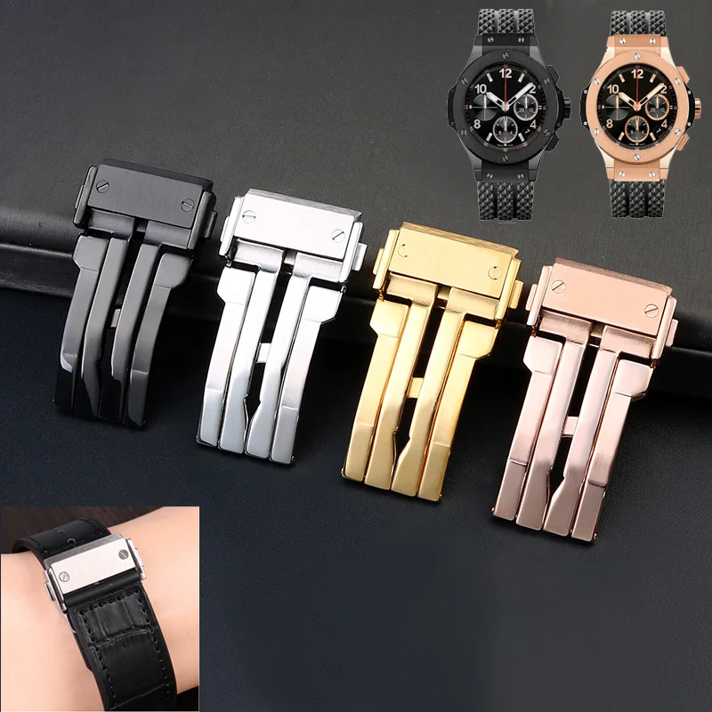 

18/20/22/24mm Solid Stainless Steel Watch Clasp Silver Black Fits For Hublot Big Bang Watch Men's Silicone Leather Strap Buckle