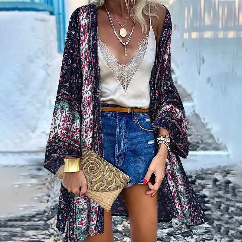 

Kimono Casual Open Front Loose Beach Tops Vintage Blusas Bohemian Summer Floral Printed Cardigan Women Long Sleeve Blouse