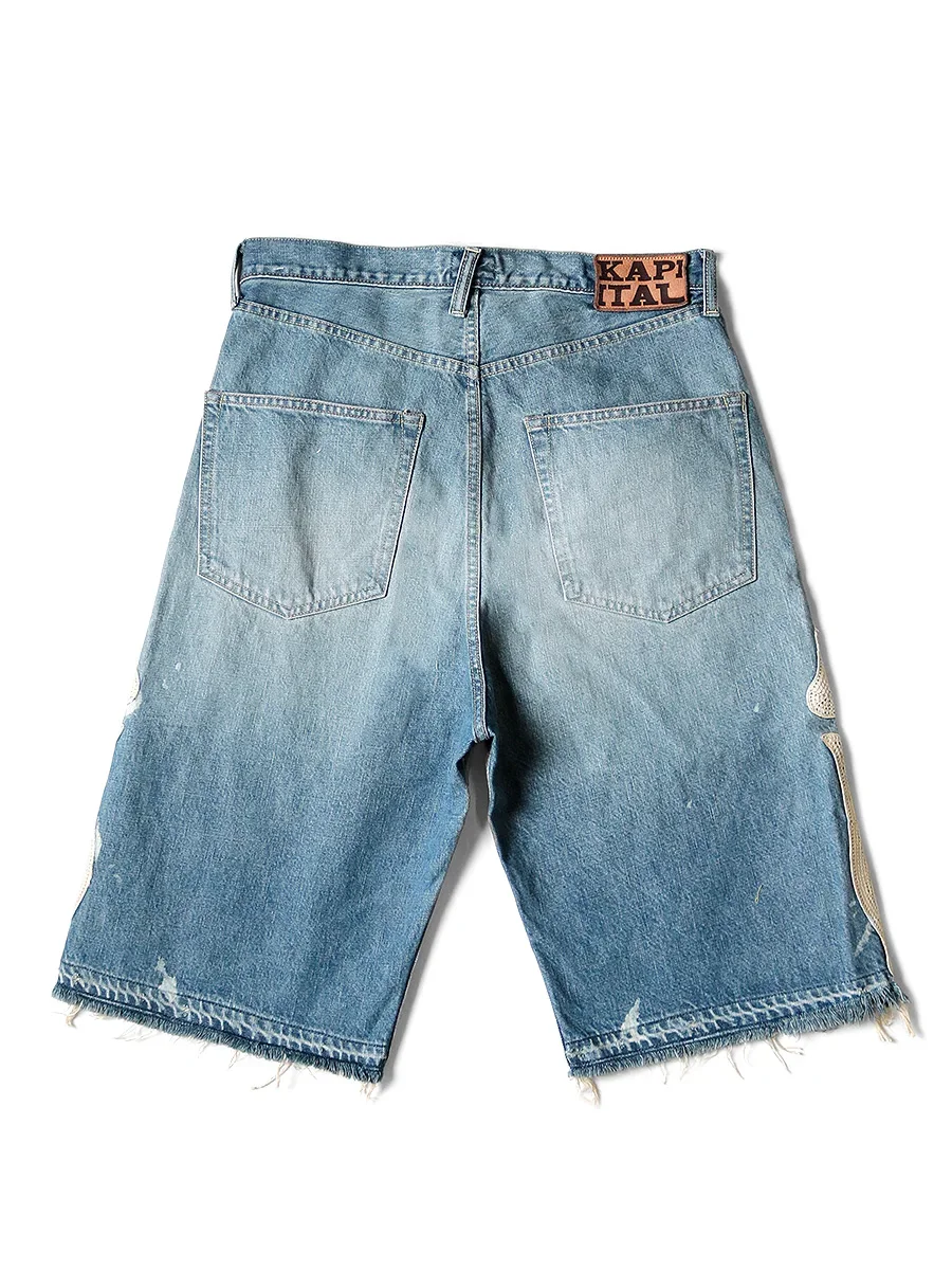 Japan KAPITAL Hirata and Hiroshi Loose Casual Denim Shorts Embroidered Bone Wash Water Distressed Raw Hem Pants for Men