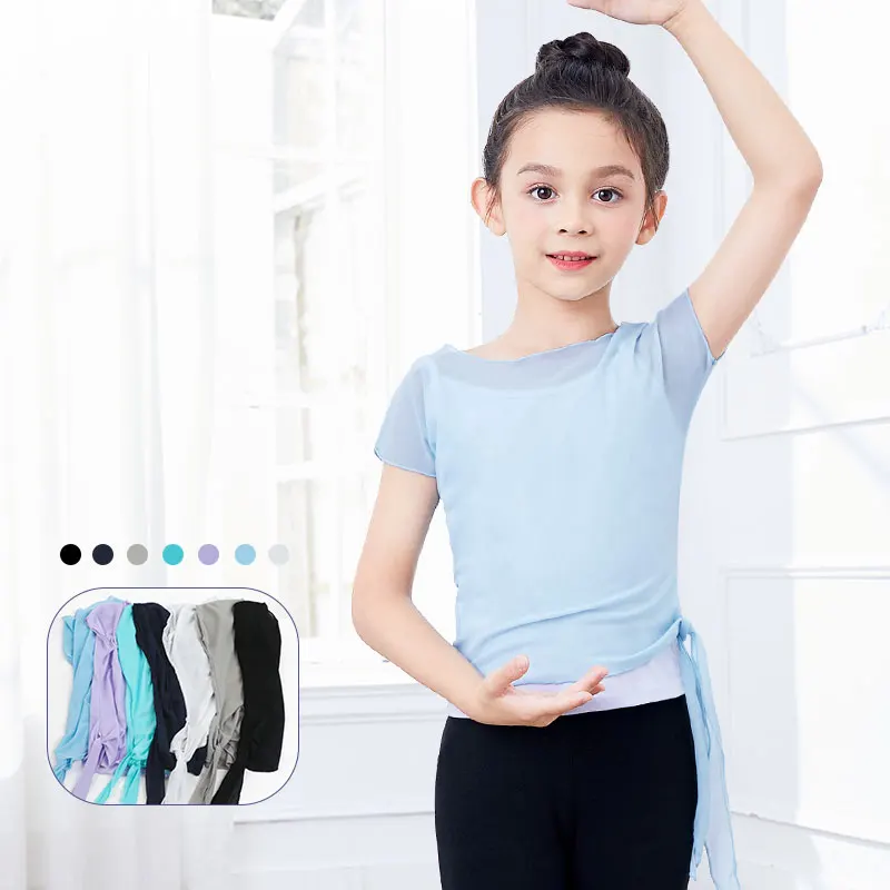 Ballet Tops Girls Dance T-shirt Tops Kids Summer Dance Clothes With Side Bandage Design Short Sleeves Mesh Nylon Tops