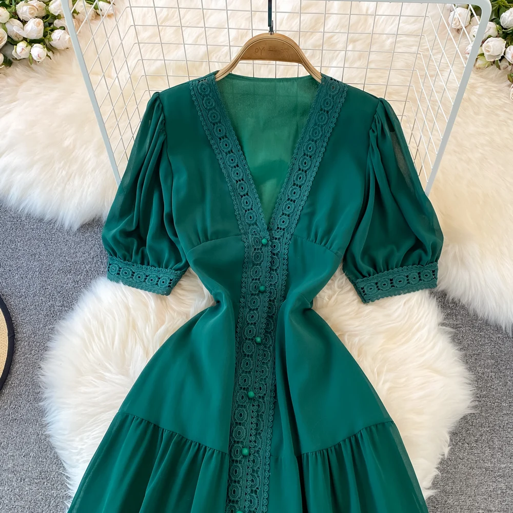 New Women Vintage Party Dress Summer Puff Sleeve Sexy V Neck Lace Single-breasted Long Dresses Ladies A Line Elegant Long Robe