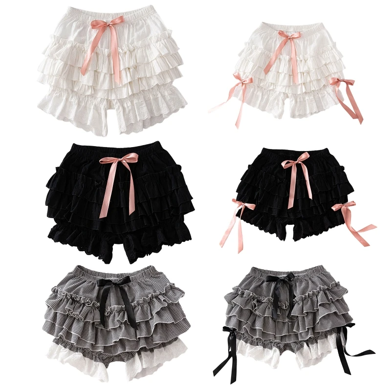 

YIYI Women Girls Vintage Bloomers Loose Pumpkin Pants Solid Ruffled Lace Hem Sweet Bowknot Gothic Elastic Waist Safety