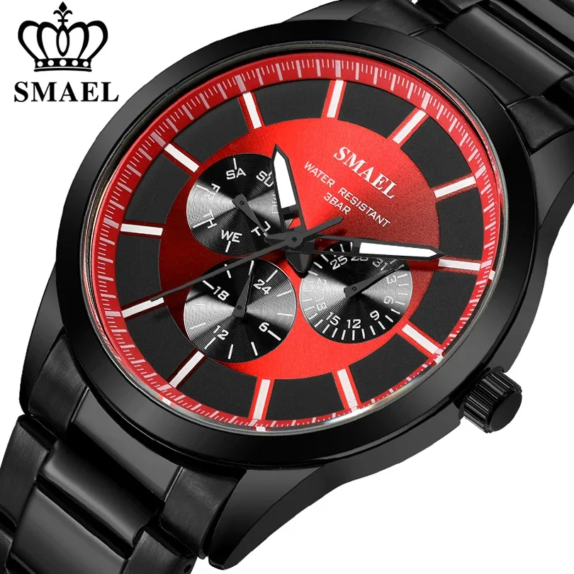 

SMAEL Mens Watches Top Brand Luxury Casual Men Fashion Quartz Wristwatch With Week Calendar Stainless Steel Waterproof Clock+Box