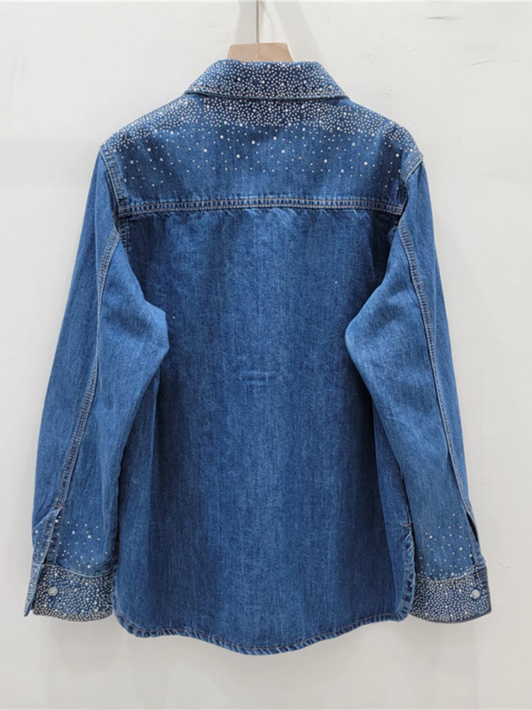 DEAT camisa vaquera para mujer suelta azul gris Hot Fix solapa de