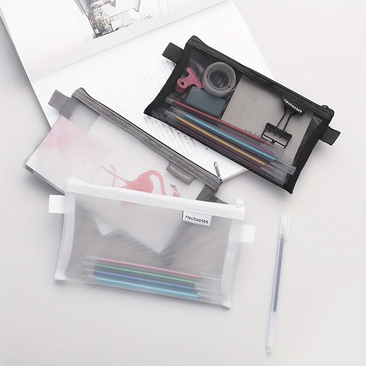 Zipper Mesh Pencil Case Multifunctional Storage Bag for Cosmetics