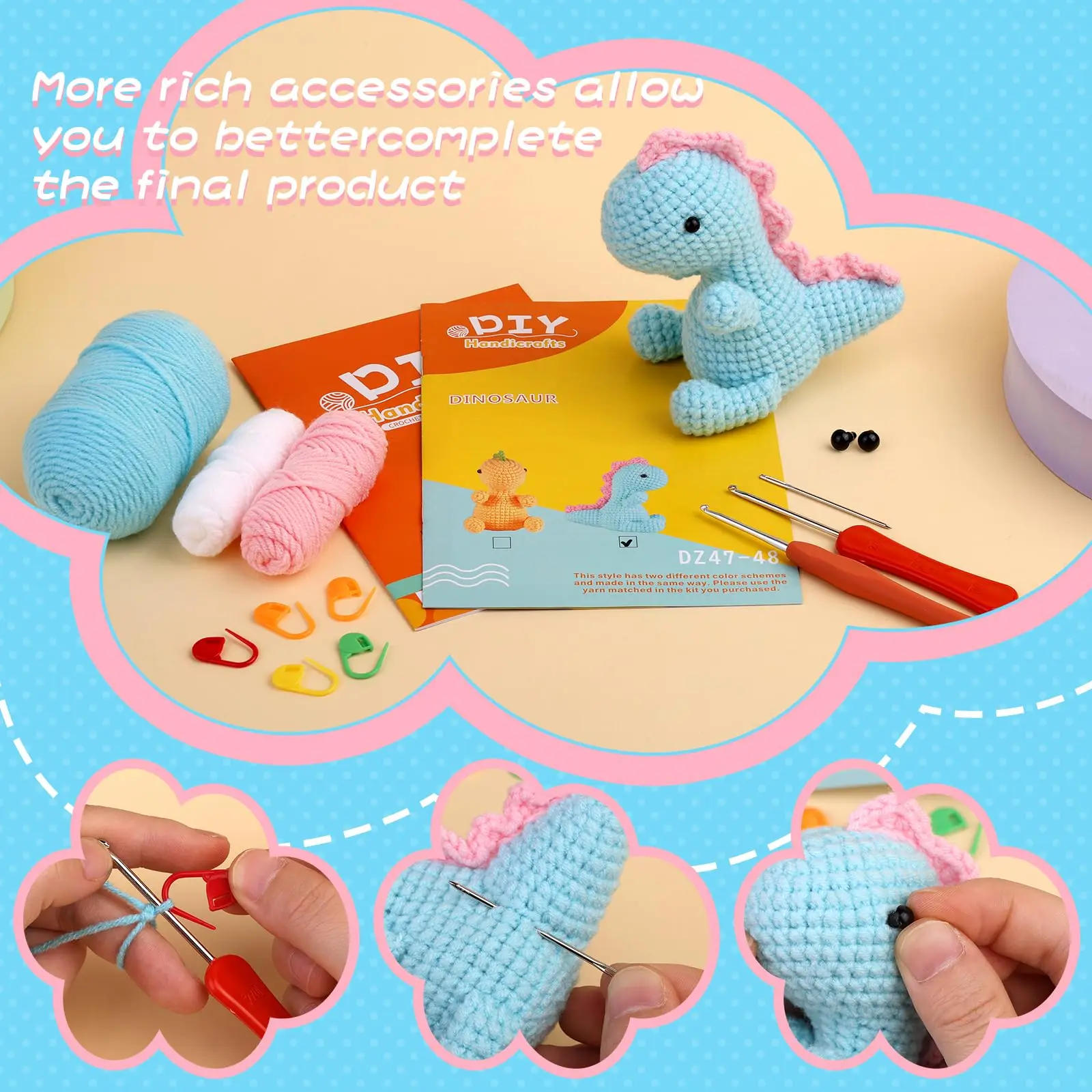 Fenrry Crochet Kit for Beginners Dinosaur Knitting Kit Crochet Material Bag with Step-by-Step Instructions Video