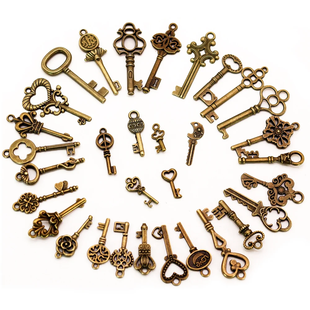 SANNIX 48 chiavi scheletro in bronzo chiave vintage decorazione volanti ciondoli con 50 paia di ali di libellula e cordino elastico in cristallo da 30 m per decorazione della camera