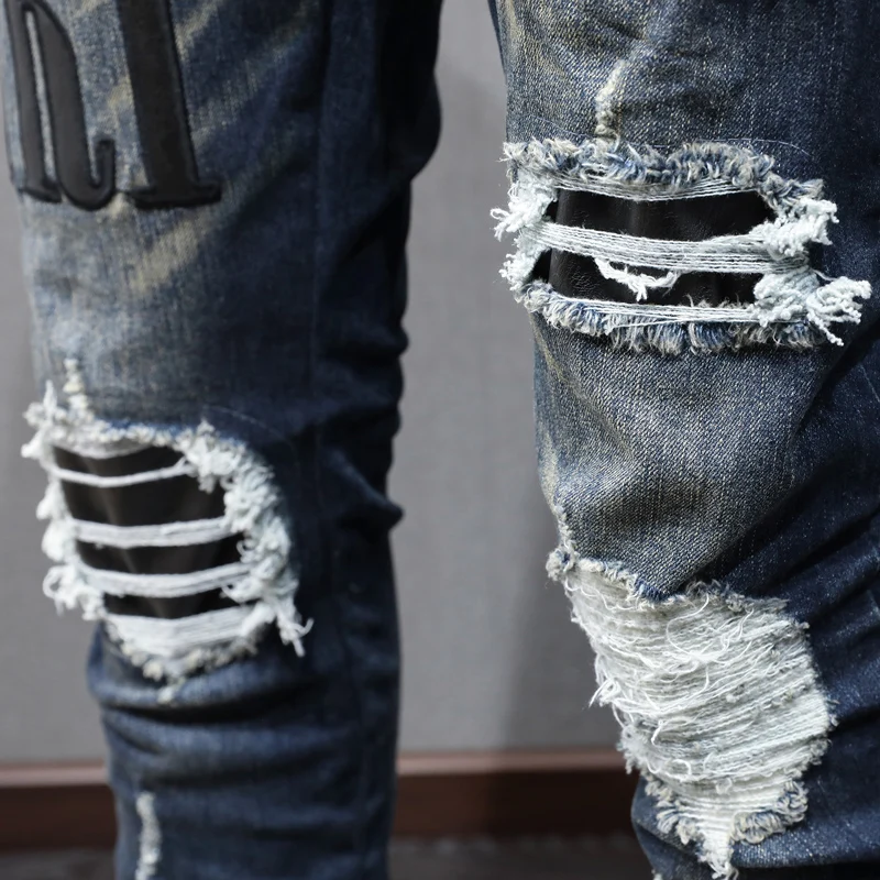 Street Fashion Men's Deep Blue Jeans High Quality Retro Elastic Slim Fit Split Jeans Men's Leather Patches Latest Designer Hip H