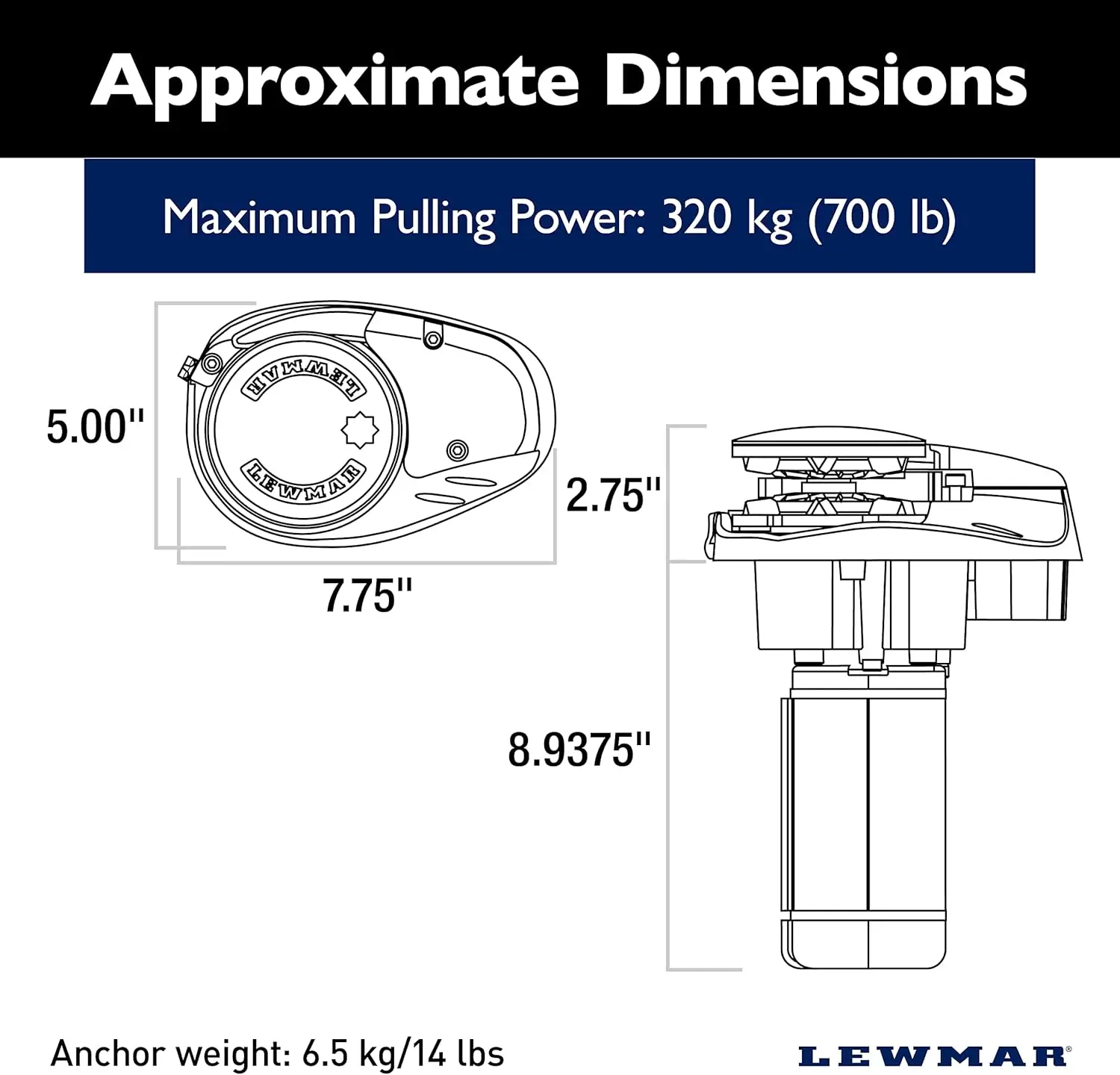 Vertical Windlass for 1/4" Chain, Fall Safe Gypsy, Maximum Pull 700 lbs., 316 Stainless Steel Construction, I