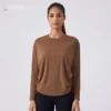 Lemon Breathable Quick-drying Yoga Tops Drawstring Pleated TEE Loose Comfortable Round Neck Outdoor Sports Long-sleeved Shirt 1