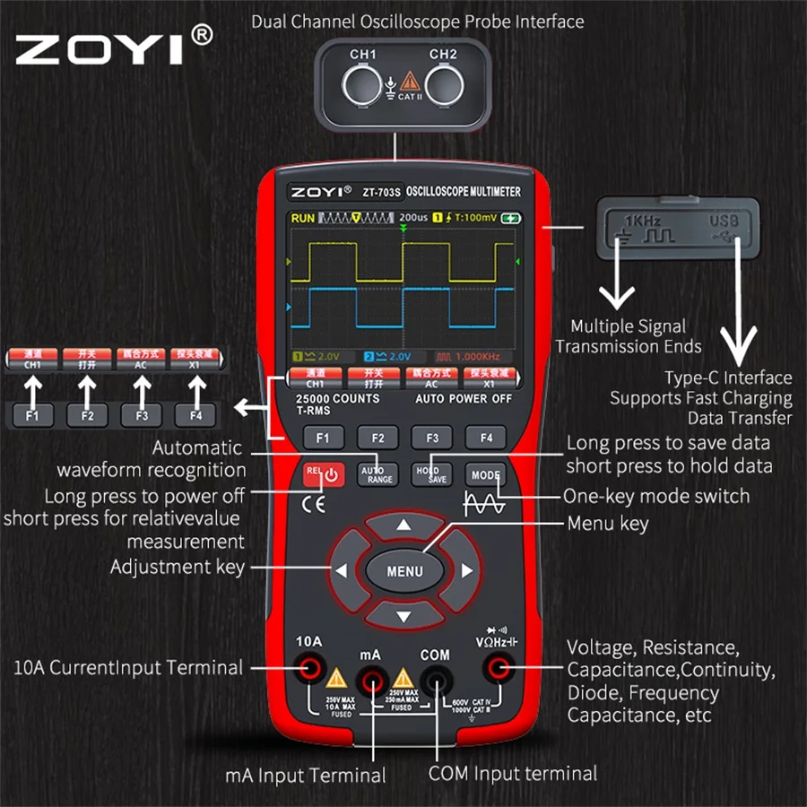 ZOYI dual-channel oscilloscope ZT-703S multifunction signal