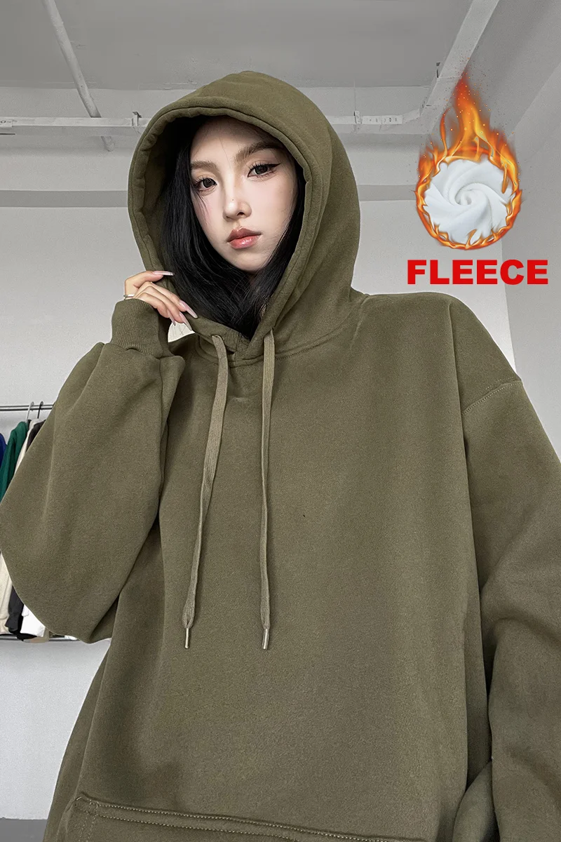 

Hybskr Gothic Women Y2k Fleece Hoodies Solid Color Warm Hooded Pullovers Autumn Winter Casual Sweatshirts Female Clothing