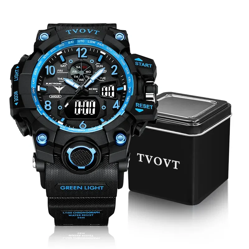 

Горячая Распродажа, синие наручные часы для мужчин, хронограф, секундомер, обратный отсчет, двойное время, электронные часы
