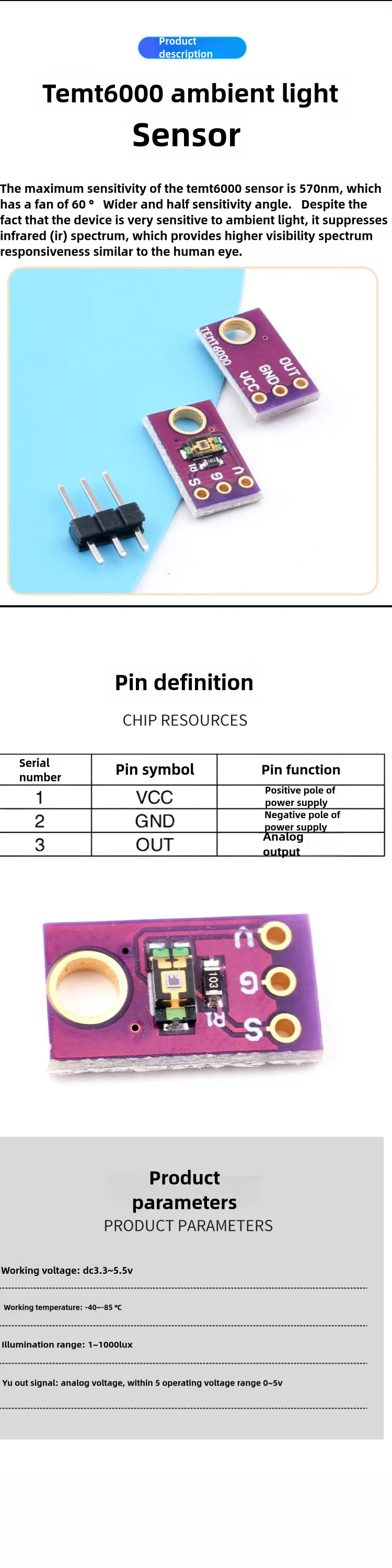TEMT6000 Lichtsensor Professionelles TEMT6000 Lichtsensormodul für Arduino – Detail 1
