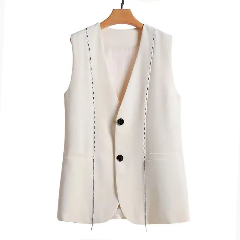 

Жилет женский офисный с V-образным вырезом, однобортный пиджак с карманами, блейзер без рукавов, яркая строчка, весна-осень