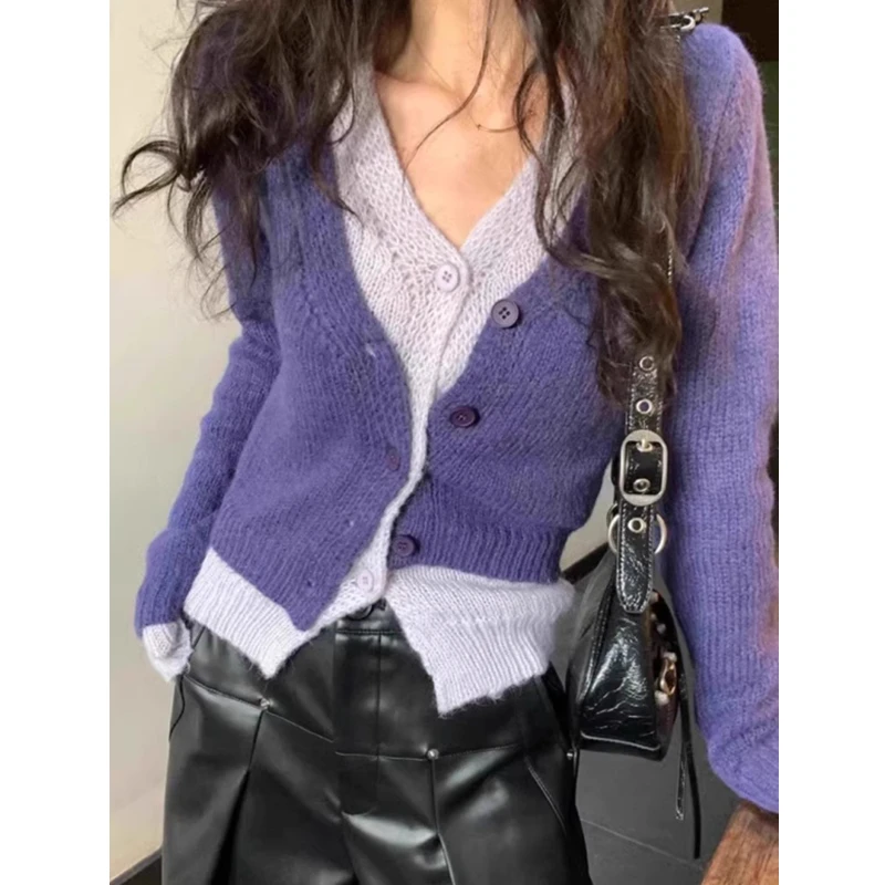 New Autumn and Winter Women's Fake Two-piece Long-sleeved Cardigan Sweater Fashion Single-breasted Slim-fitting Knitwear Top